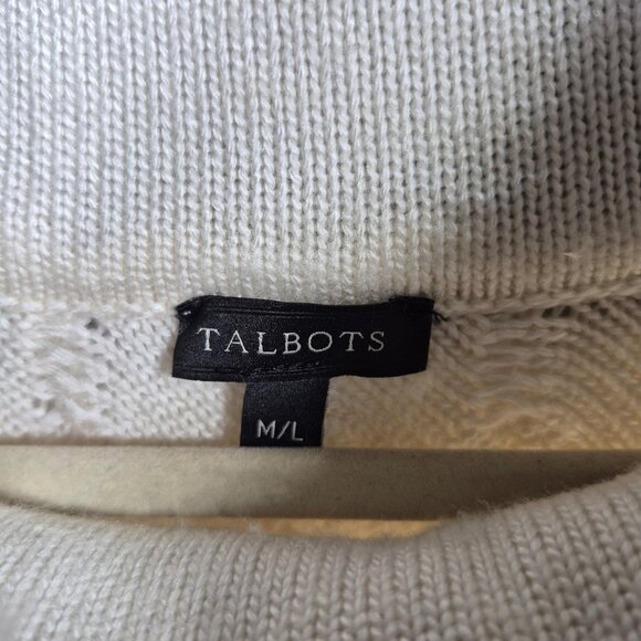 Talbots Sweater Womens M/L Ivory Cable Knit Poncho Faux Fur Collar Winter Cozy - Picture 3 of 5